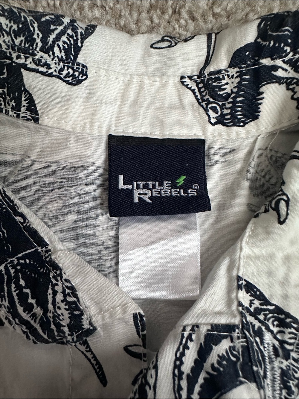 Kids Short Sleeve Dino Print Button-Up Shirt - White with Black Dinosaurs - Picture 3 of 4